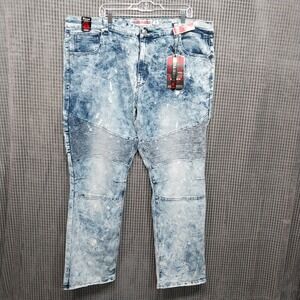 Chams Mens‎ Moto Jeans Acid Wash Paint Splatter Stretch 42 Blue